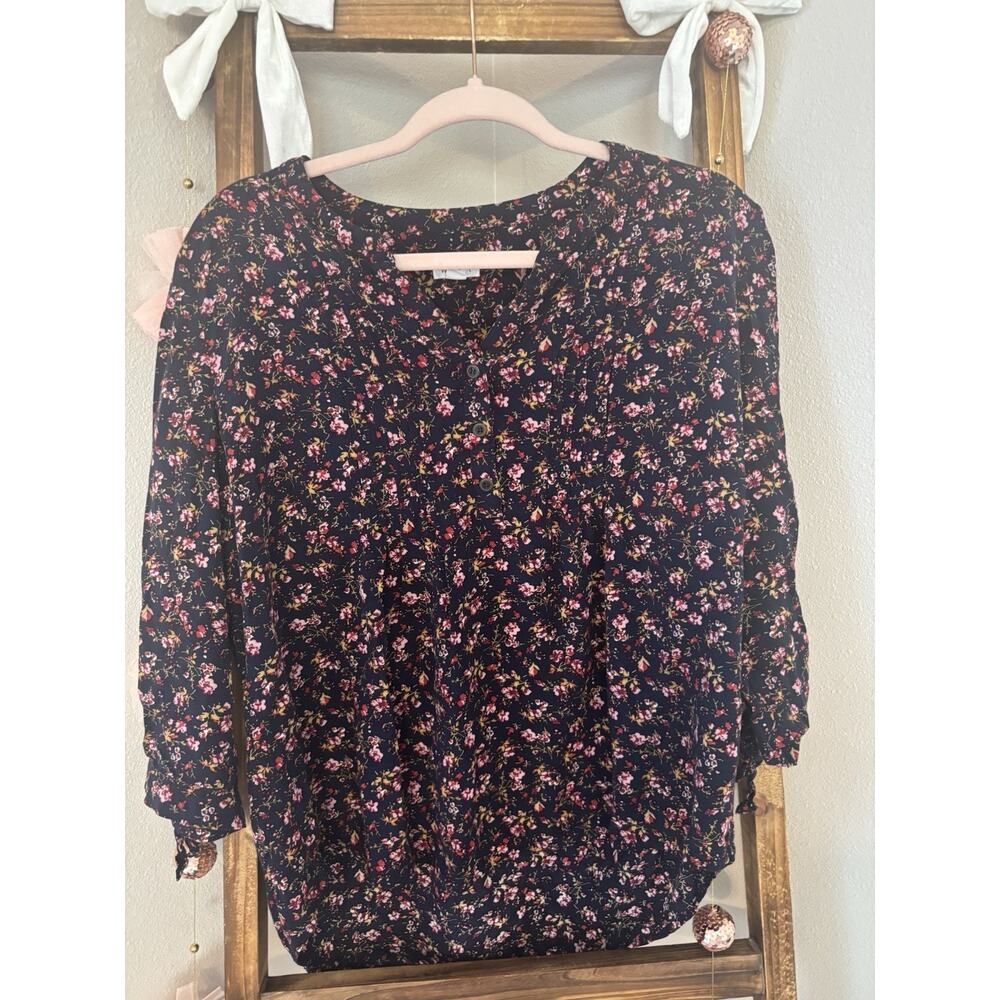Westport Womens Top Size Large Navy Blue Pink Floral Pintuck Tie Sleeve Blouse